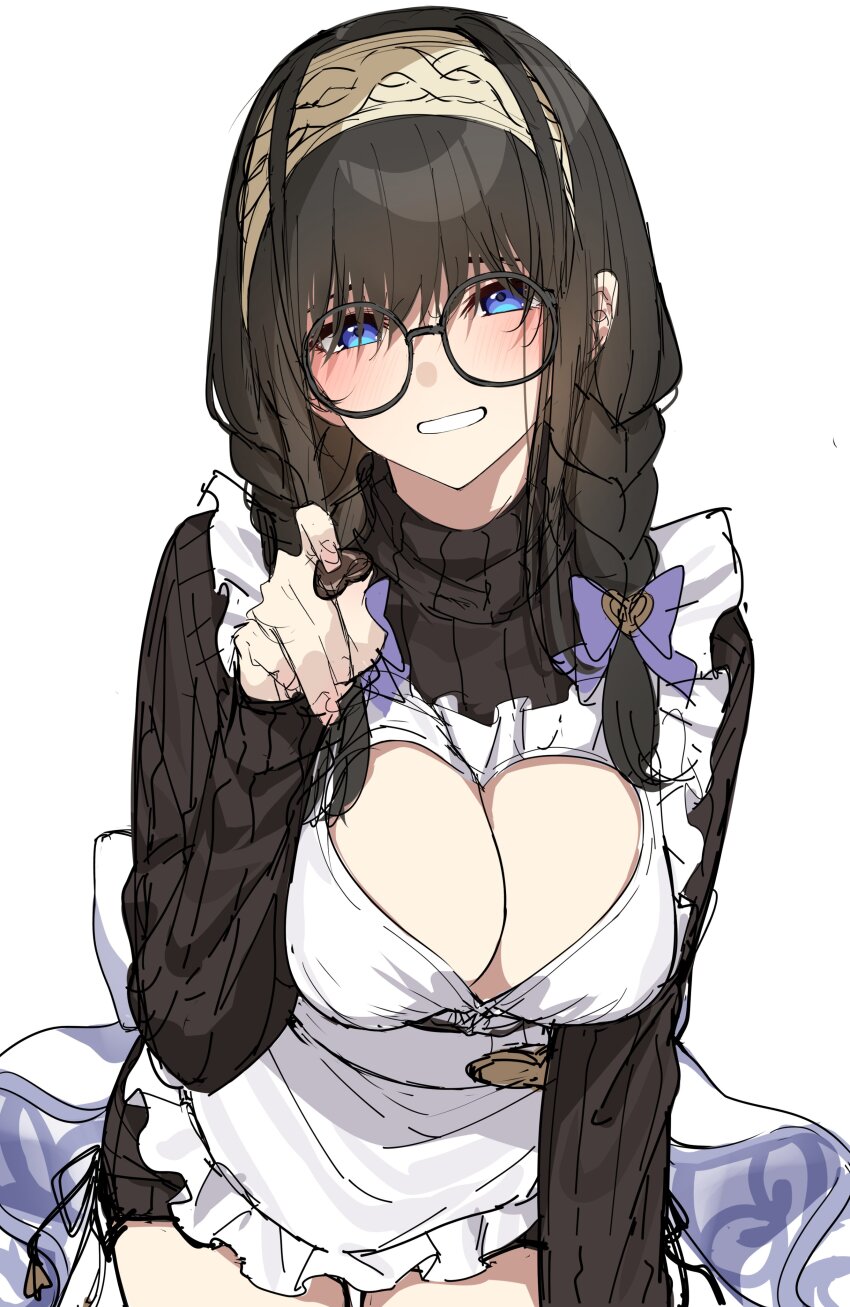 1girl absurdres black_dress black_hair blue_eyes breasts candy chocolate chocolate_heart cleavage cleavage_cutout clothing_cutout commentary_request double_bun dress food go-1 hair_bun heart highres idolmaster idolmaster_cinderella_girls idolmaster_cinderella_girls_starlight_stage large_breasts long_hair looking_at_viewer original sagisawa_fumika simple_background sketch smile solo white_background
