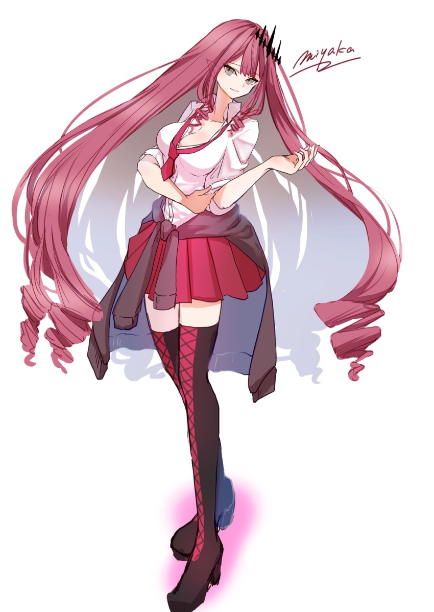 1girl baobhan_sith_(fate) boots breasts clothes_around_waist fate/grand_order fate_(series) full_body hair_ornament hand_up high_heel_boots high_heels highres jacket jacket_around_waist long_hair looking_at_viewer miyaka_(58305841) necktie pink_hair pointy_ears red_necktie red_skirt school_uniform shirt sidelocks skirt solo thigh_boots white_background white_shirt