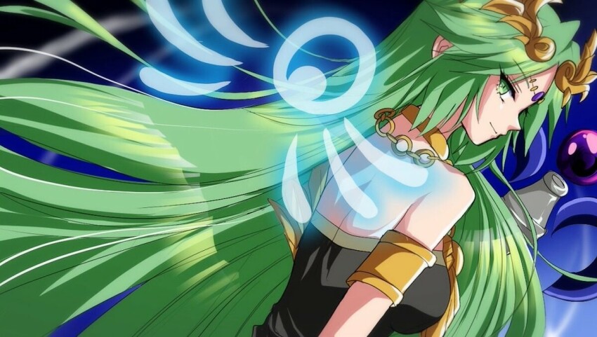 1girl alternate_color anru_(a-alsace-a) bad_id bad_twitter_id breasts chain circlet dutch_angle from_behind gold_chain green_eyes green_hair kid_icarus kid_icarus_uprising long_hair looking_at_viewer looking_back nintendo palutena solo super_smash_bros. very_long_hair