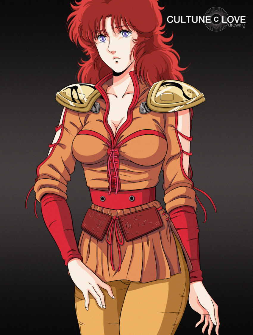 1980s_(style) 1girl armor belt blue_eyes breasts cleavage commentary_request english_text gradient_background highres hokuto_no_ken mamiya_(hokuto_no_ken) mikimoto_haruhiko_(style) oldschool portrait pouch red_hair retro_artstyle science_fiction shoulder_armor uniform upper_body waeba_yuusee