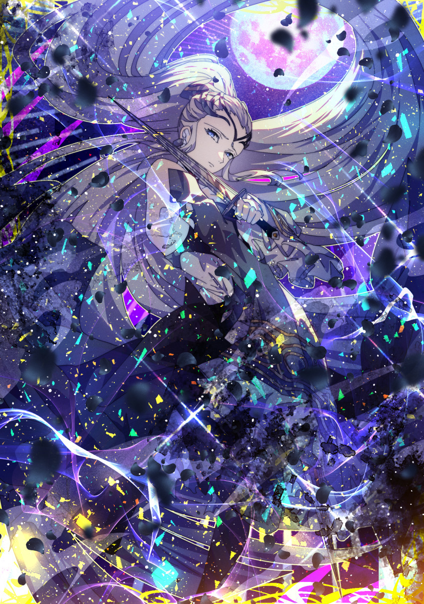 1girl black_dress black_tiara blue_eyes commission commissioner_upload dress earrings eir_(fire_emblem) fire_emblem fire_emblem_heroes frilled_sleeves frills full_moon highres holding holding_knife jewelry knife long_hair long_sleeves moon nintendo ponytail potato_(popopopopo623) sidelocks skeb_commission tiara white_dress white_hair
