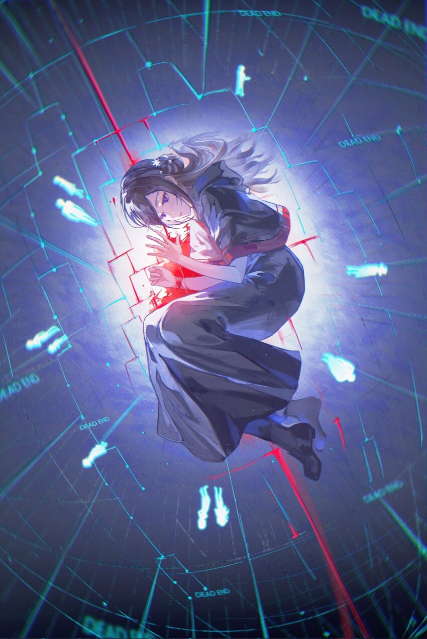 alice_(kyokugen_dasshutsu) black_robe black_shoes blood brown_hair commentary dio_(kyokugen_dasshutsu) english_commentary english_text flowchart highres illowine k_(kyokugen_dasshutsu) kyokugen_dasshutsu kyokugen_dasshutsu_adv:_zennin_shibou_desu long_hair luna_(kyokugen_dasshutsu) lying kurashiki_akane phi_(kyokugen_dasshutsu) pool_of_blood purple_eyes quark_(kyokugen_dasshutsu) robe shoes sigma_(kyokugen_dasshutsu) silhouette solo_focus tenmyouji_(kyokugen_dasshutsu) yotsuba_(kyokugen_dasshutsu)