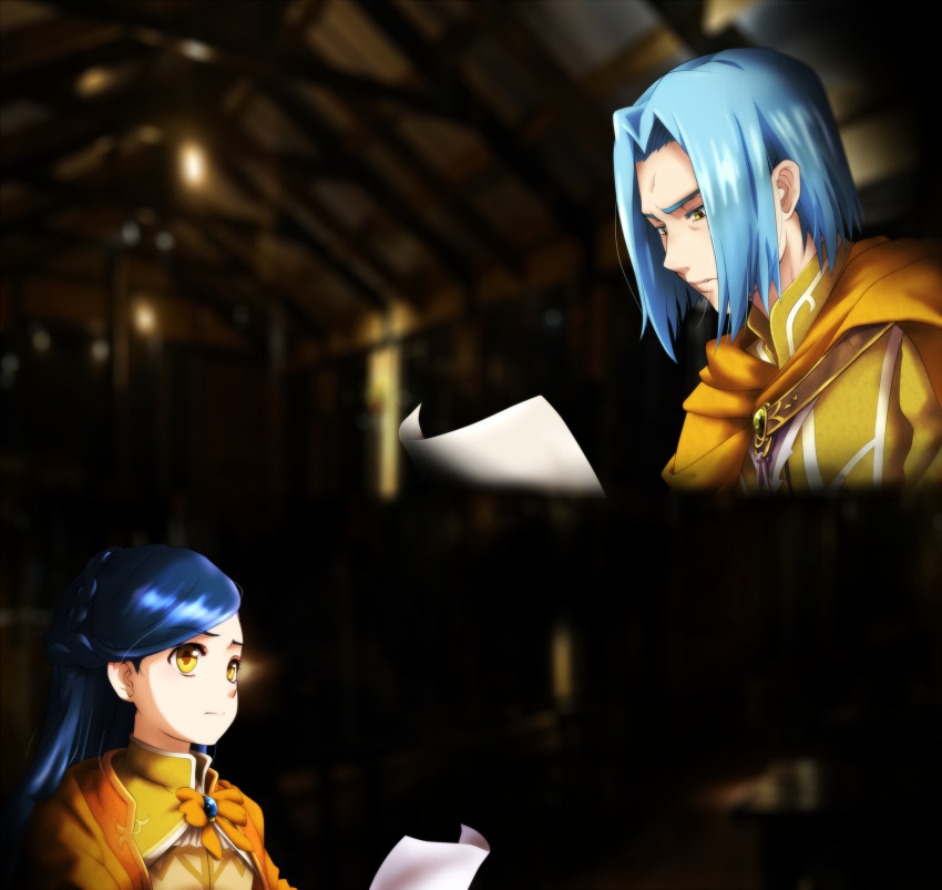 1boy 1girl absurdres blue_hair blurry blurry_background bow bowtie braid brown_eyes crown_braid ferdinand_(honzuki_no_gekokujou) genya_(genya67) highres honzuki_no_gekokujou indoors jewelry myne_(honzuki_no_gekokujou) orange_bow orange_bowtie paper reading serious split_image stray_hair wooden_beam yellow_eyes