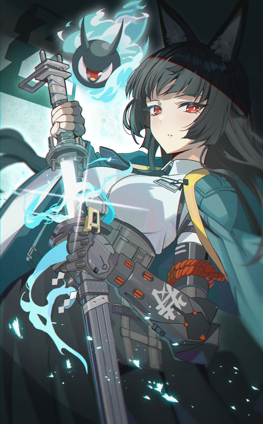 1girl absurdres animal_ear_fluff animal_ears aqua_jacket arm_out_of_sleeve black_hair black_skirt blunt_bangs breasts commentary dress_shirt fingerless_gloves fox_ears fox_girl gloves green_jacket high-waist_skirt highres holding holding_sheath holding_weapon hoshimi_miyabi jacket katana long_hair looking_at_viewer mishiro_(ixtlolton) red_eyes sheath shirt single_fingerless_glove skirt solo sword unsheathing weapon white_shirt zenless_zone_zero