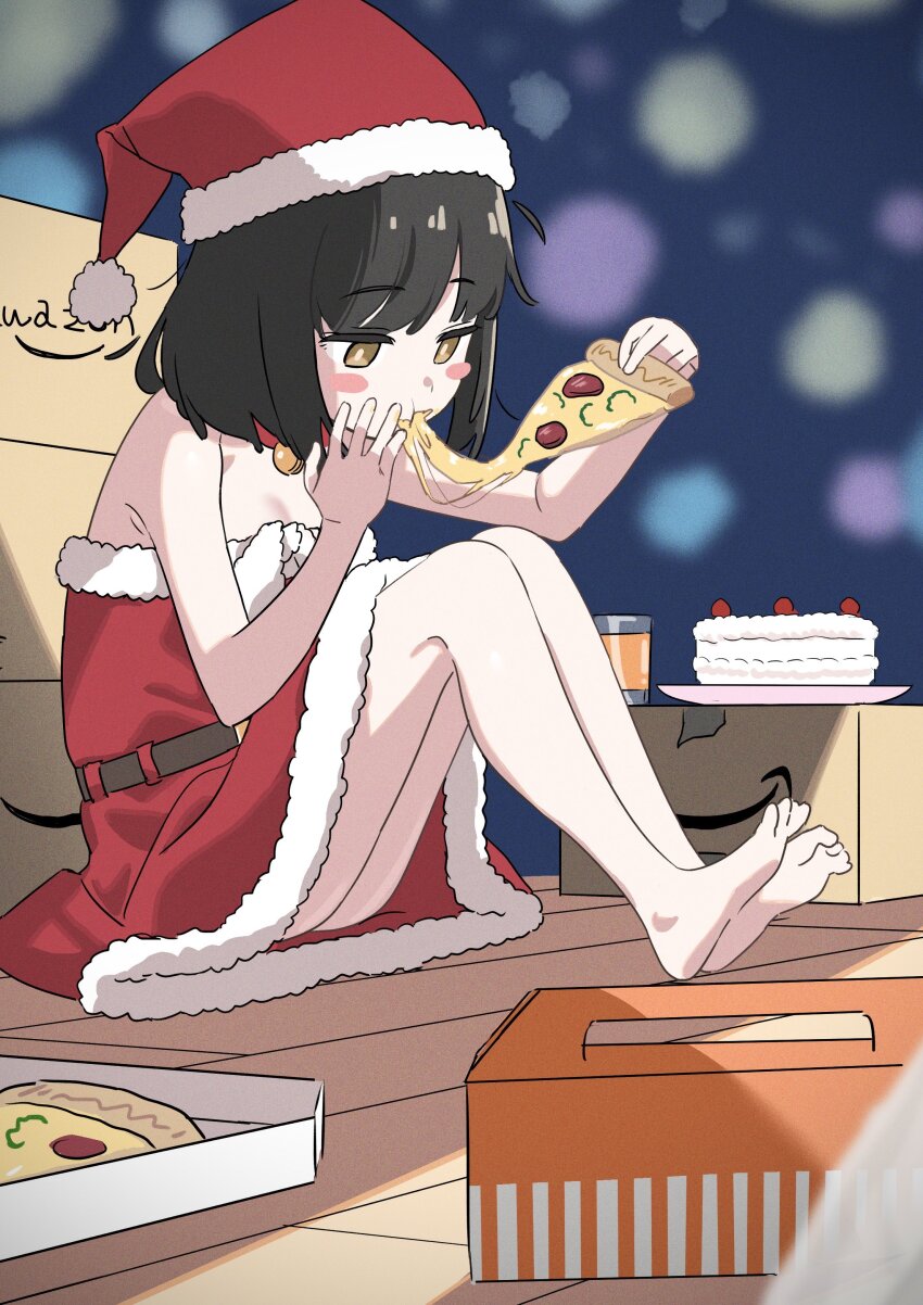 1girl absurdres bare_shoulders barefoot black_hair blush_stickers bob_cut box breasts brown_eyes cake cardboard_box christmas dress drink eating food full_body fur-trimmed_dress fur-trimmed_headwear fur_trim hat highres holding holding_food holding_pizza original pizza pizza_slice red_dress red_hat santa_costume santa_dress santa_hat short_hair sitting sketch small_breasts solo strapless strapless_dress what_a what_a-chan