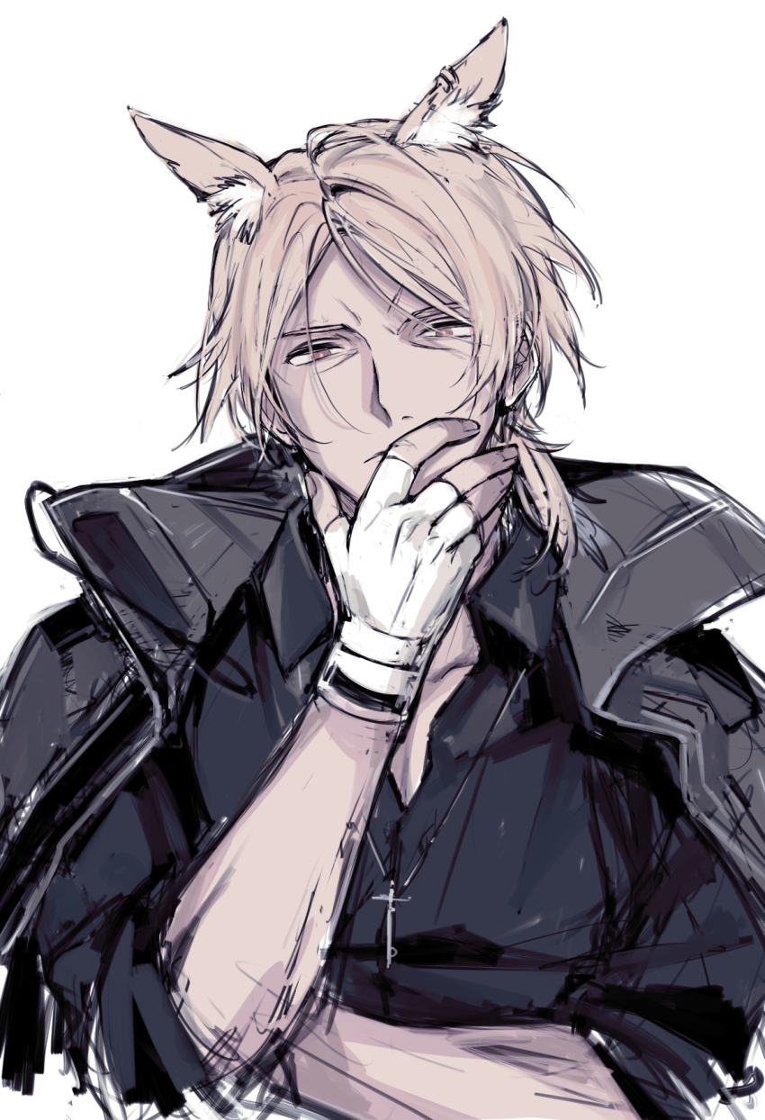 1boy animal_ears arknights black_shirt blonde_hair coat cross cross_necklace fingerless_gloves gloves highres horse_boy horse_ears ieiieiiei jewelry male_focus mlynar_(arknights) necklace shirt short_hair simple_background solo upper_body white_background white_gloves