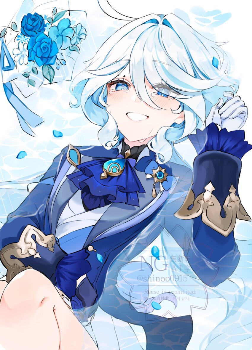 1girl ascot asymmetrical_gloves blue_ascot blue_gemstone blue_jacket drop-shaped_pupils eyelash_ornament flower furina_(genshin_impact) gem genshin_impact gloves heterochromia highres jacket lying mismatched_gloves mismatched_pupils multicolored_hair shinoo0915 solo streaked_hair symbol-shaped_pupils