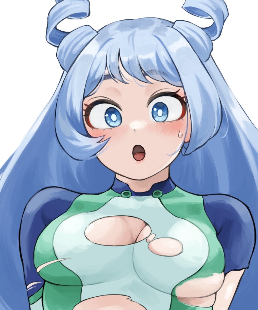 1girl blue_bodysuit blue_eyes blue_hair bodysuit boku_no_hero_academia breasts drill_hair fengling_(furin-jp) green_bodysuit hado_nejire highres long_hair medium_breasts multicolored_bodysuit open_mouth solo superhero_costume sweatdrop torn_bodysuit torn_clothes twin_drills