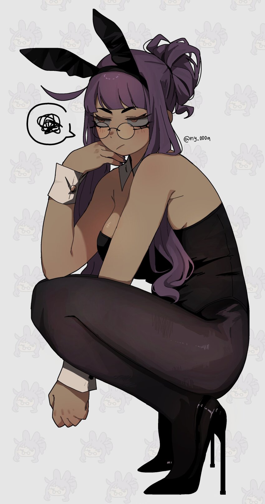 1girl absurdres animal_ears black_hairband black_leotard black_pantyhose black_shoes blush breasts closed_mouth dark-skinned_female dark_skin glasses hair_bun hairband high_heels highres katriel_(project_moon) large_breasts leotard library_of_ruina ny_000a orange_eyes pantyhose playboy_bunny project_moon purple_hair rabbit_ears round_eyewear shoes sidelocks solo spoken_squiggle squatting squiggle
