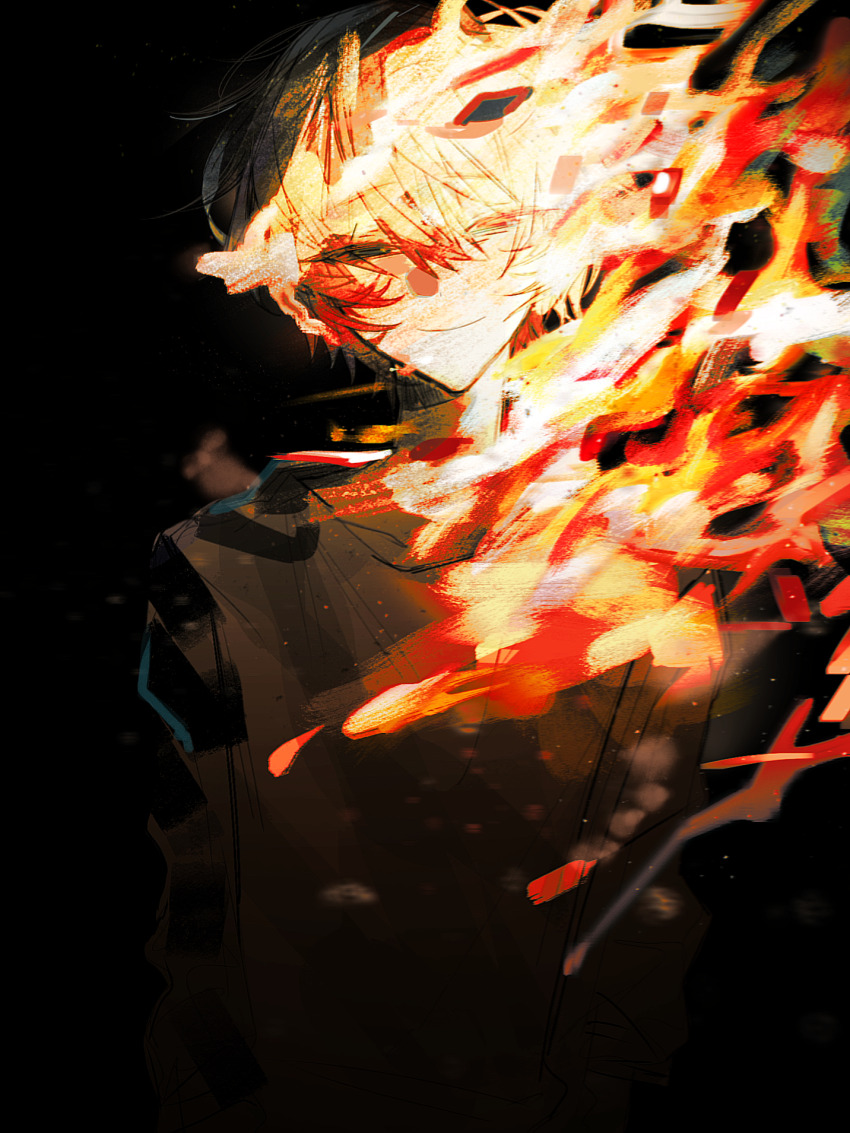 1boy black_background black_eyes black_hair black_shirt burning chinese_commentary closed_mouth commentary_request fire highres lllzlllz long_sleeves looking_at_viewer male_focus qi_xia_(shiri_zhong_yan) shiri_zhong_yan shirt short_hair smile solo upper_body