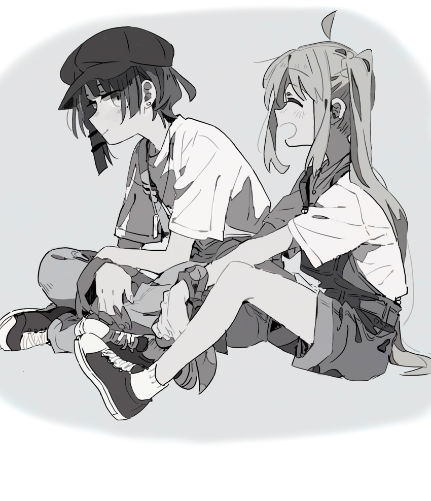 2girls ^_^ ahoge alternate_costume bare_arms bocchi_the_rock! border newsboy_cap casual chinese_commentary closed_eyes closed_mouth commentary_request crossed_ankles denim denim_shorts derivative_work full_body grey_background greyscale hair_ribbon hair_spread_out hands_on_lap happy hat hezhezhijiyu highres ijichi_nijika light_blush long_hair looking_at_another mole mole_under_eye monochrome multiple_girls open_mouth overalls own_hands_together parody_request pointy_nose polka_dot polka_dot_wristband ponytail_with_braided_base procreate_(medium) ribbon shirt shoes short_hair_with_long_locks short_sleeves shorts side_ponytail single_sidelock single_strap sitting smile sneakers socks t-shirt tress_ribbon very_long_hair white_border yamada_ryo