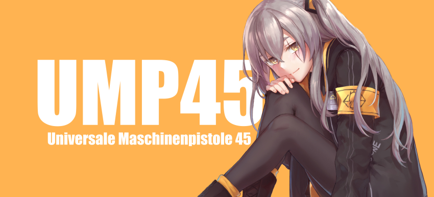 1girl 404_logo_(girls&#039;_frontline) absurdres armband blush brown_hair character_name german_text girls&#039;_frontline gloves gudrn hand_on_own_chin head_rest highres jacket long_hair looking_at_viewer one_side_up orange_background pantyhose scar scar_across_eye scar_on_face sitting skirt smile solo ump45_(girls&#039;_frontline) yellow_armband yellow_eyes