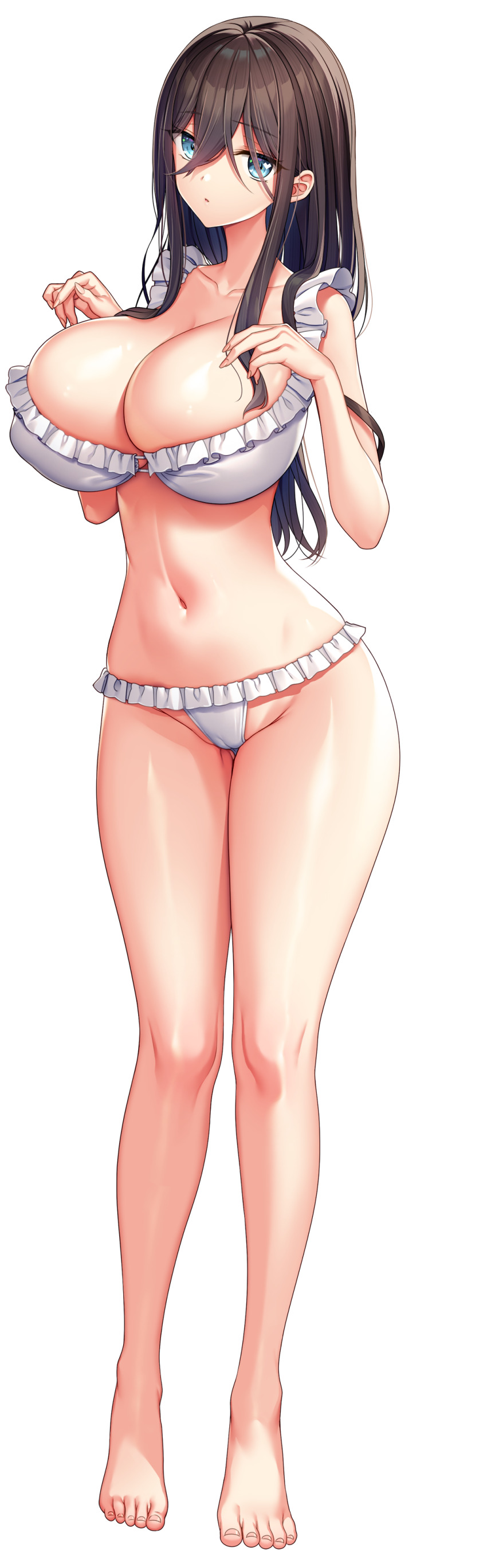 1girl absurdres akagi_rio anastasia_mysterante barefoot bikini blue_eyes breasts brown_hair cameltoe cleavage closed_mouth frilled_bikini frills hair_between_eyes highres huge_breasts long_hair looking_at_viewer low_ponytail motto!_haramase!_honoo_no_oppai_isekai_oppai_maid_gakuen! navel official_art ponytail skindentation swimsuit transparent_background white_bikini