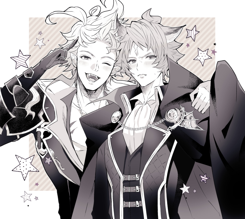 2boys aluzard_(shadowverse) aluzard_(shadowverse)_(cosplay) ascot black_coat blush cloak coat cosplay cropped_torso erune formonde_urias_(shadowverse) formonde_urias_(shadowverse)_(cosplay) g_akgumi gauntlets granblue_fantasy greyscale highres hiyama_nobuyuki male_focus monochrome multiple_boys one_eye_closed seofon_(granblue_fantasy) seox_(granblue_fantasy) shadowverse sharp_teeth single_gauntlet spiked_hair star_(symbol) suwabe_jun&#039;ichi teeth vest voice_actor_connection