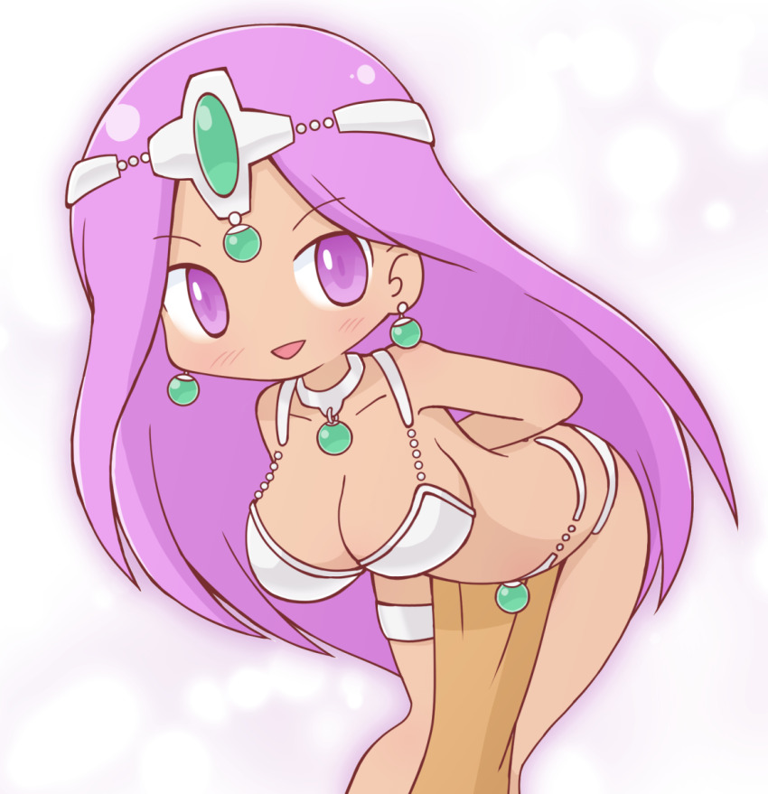 1girl arm_behind_back armlet belly_chain bikini blush breasts choker circlet dancer dancer&#039;s_costume_(dq) dark-skinned_female dark_skin dragon_quest dragon_quest_iv earrings highres jewelry large_breasts long_hair looking_at_viewer mabonasu6 manya_(dq4) metal_bikini midriff pelvic_curtain purple_eyes purple_hair smile solo swimsuit tiara