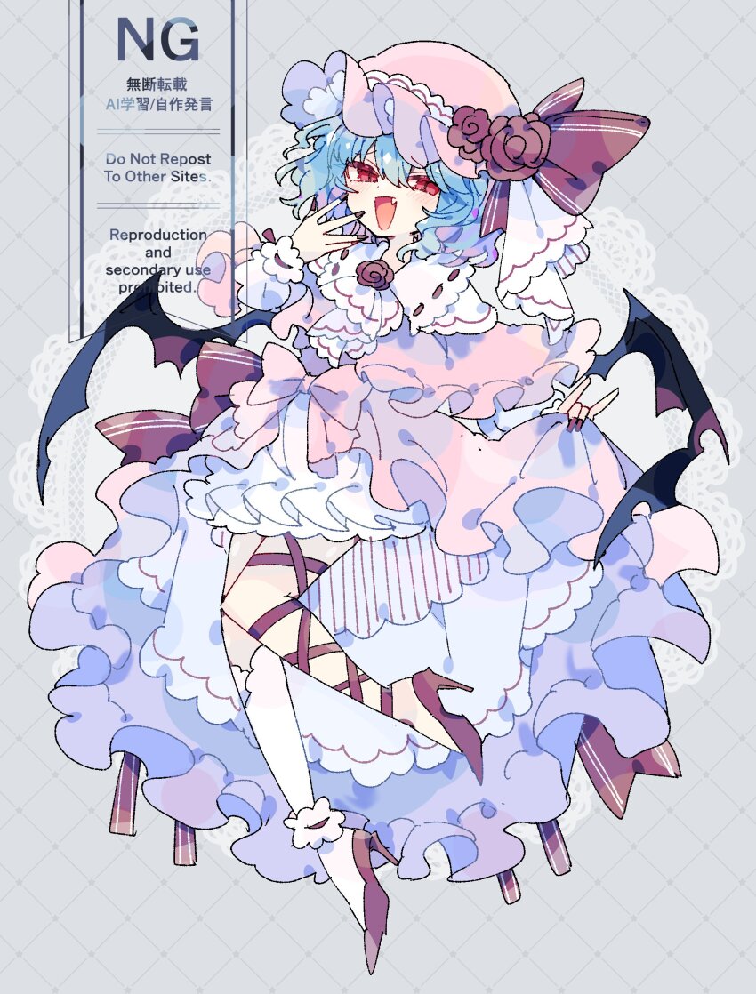 1girl :d absurdres ankle_lace-up bat_wings black_wings bloomers blush collared_dress commentary dress fang grey_background grid_background hand_up hat hat_ribbon high_heels highres long_sleeves looking_at_viewer mob_cap nail_polish nikorashi-ka open_mouth pink_hat red_dress red_eyes red_nails red_ribbon red_shoes remilia_scarlet ribbon ribbon-trimmed_collar ribbon_trim shoes single_sock smile socks solo touhou underwear watermark white_bloomers white_socks wings