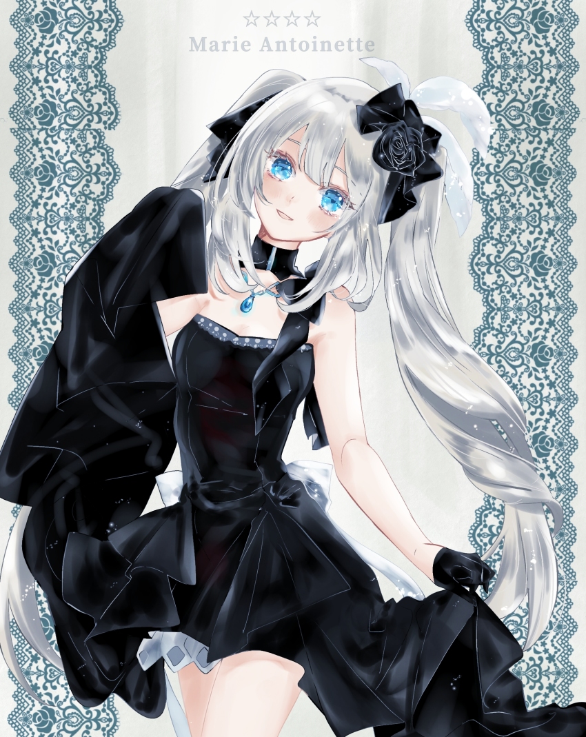 1girl asa_(1asa-0-asa1) bad_id bad_pixiv_id bare_shoulders black_dress black_gloves blue_eyes blush breasts character_name detached_collar dress fate/grand_order fate_(series) gloves hair_ornament half_gloves heroic_spirit_formal_dress highres jewelry long_hair looking_at_viewer marie_antoinette_(fate) marie_antoinette_(formal_dress)_(fate) medium_breasts necklace official_alternate_costume open_mouth shawl sidelocks silver_hair smile solo thighs twintails very_long_hair