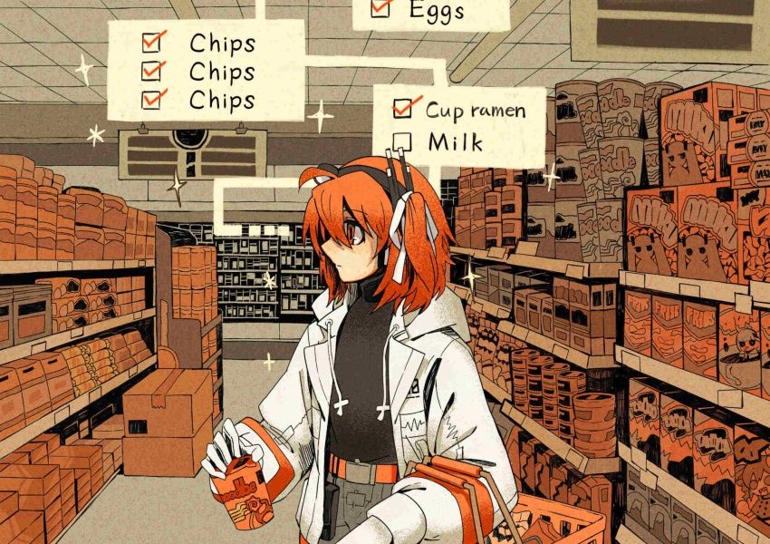 1girl a.i._voice adachi_rei ahoge arms_up basket black_hairband black_shirt box cardboard_box closed_mouth cup cup_ramen expressionless gloves hair_ribbon hairband highres holding holding_basket holding_cup hood hood_down hooded_jacket indoors jacket long_sleeves medium_hair natuso7 open_clothes open_jacket orange_eyes orange_hair radio_antenna ribbon shirt shirt_tucked_in shop shopping_basket solo turtleneck turtleneck_shirt white_gloves white_jacket white_ribbon