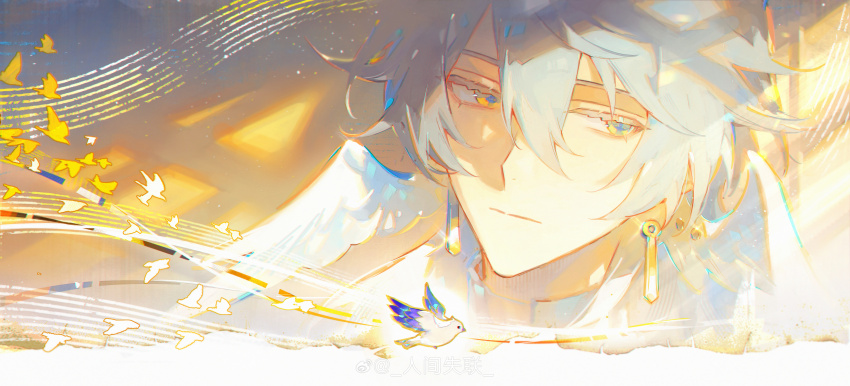 1boy absurdres angel_wings bird chinese_commentary closed_mouth colored_eyelashes commentary_request earrings expressionless feathered_wings flock gold_earrings grey_background grey_hair hair_between_eyes head_wings highres honkai:_star_rail honkai_(series) jewelry light_particles light_rays looking_to_the_side loose_hair_strand male_focus musical_staff portrait renjian_shilian simple_bird solo sunday_(honkai:_star_rail) sunlight watermark weibo_watermark white_bird white_wings wings yellow_bird yellow_eyes