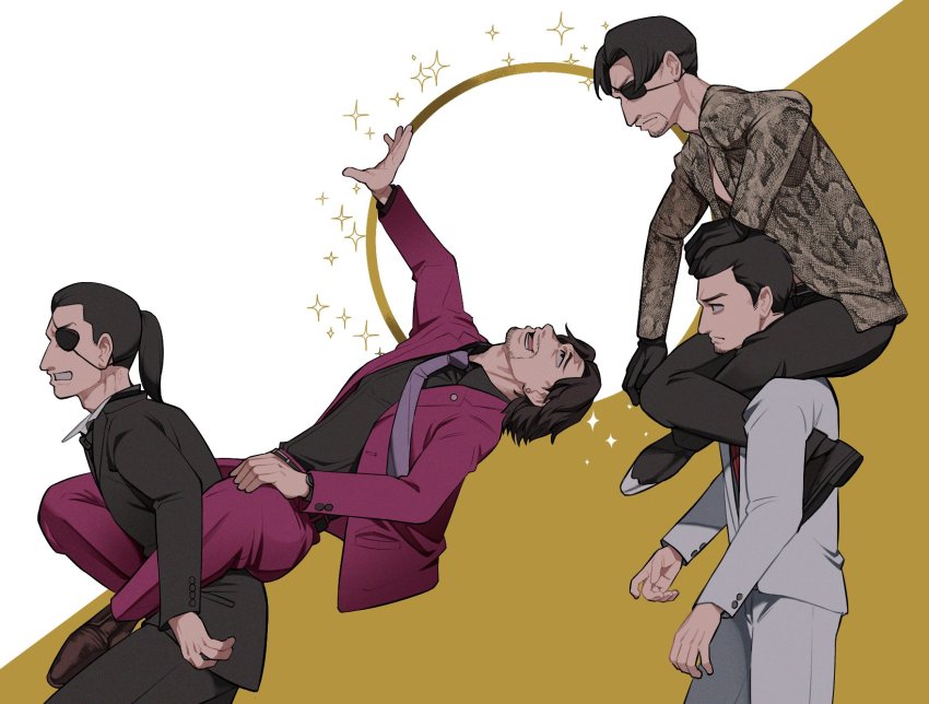 4boys black_hair black_jacket black_pants blouse brown_footwear circle clenched_teeth commentary english_commentary enokido grey_jacket grey_pants highres jacket kiryu_kazuma majima_goro multiple_boys necktie nishitani_homare aged_up pants ponytail purple_necktie red_jacket red_shirt ryuu_ga_gotoku_(series) ryuu_ga_gotoku_0 ryuu_ga_gotoku_1 ryuu_ga_gotoku_kiwami shirt shoes sitting sitting_on_person socks sparkle teeth timeskip yakuza aged_down