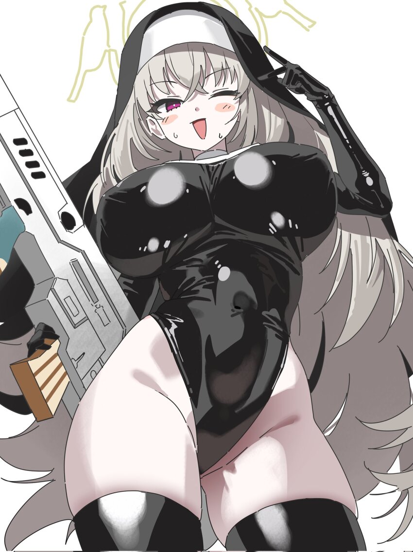 1girl assault_rifle black_veil blue_archive breasts bullpup crossed_bangs gift gloved_sleeves gogoco grey_hair gun halo highleg highleg_leotard highres holding holding_gift impossible_clothes impossible_leotard iwi_tavor justina_follower_(blue_archive) large_breasts latex latex_leotard latex_thighhighs leotard long_hair looking_at_viewer nun one_eye_closed purple_eyes rifle sakurako_(blue_archive) smile solo sweat thighhighs v veil weapon white_background yellow_halo