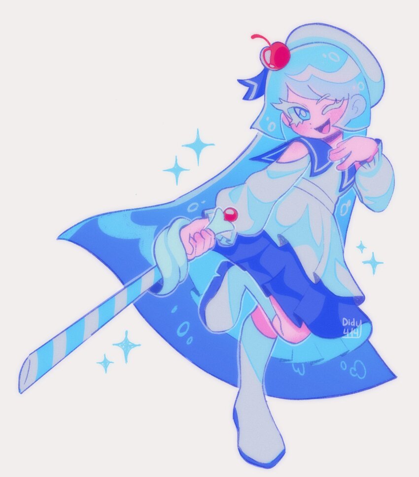 1girl blue_eyes blue_hair blue_sailor_collar boots bow cherry_hat_ornament colored_eyelashes commentary cookie_run cream_soda_cookie didy414 dress english_commentary hat highres holding holding_sword holding_weapon long_hair looking_at_viewer sailor_collar simple_background smile solo sword very_long_hair weapon white_boots white_dress white_eyelashes white_hat