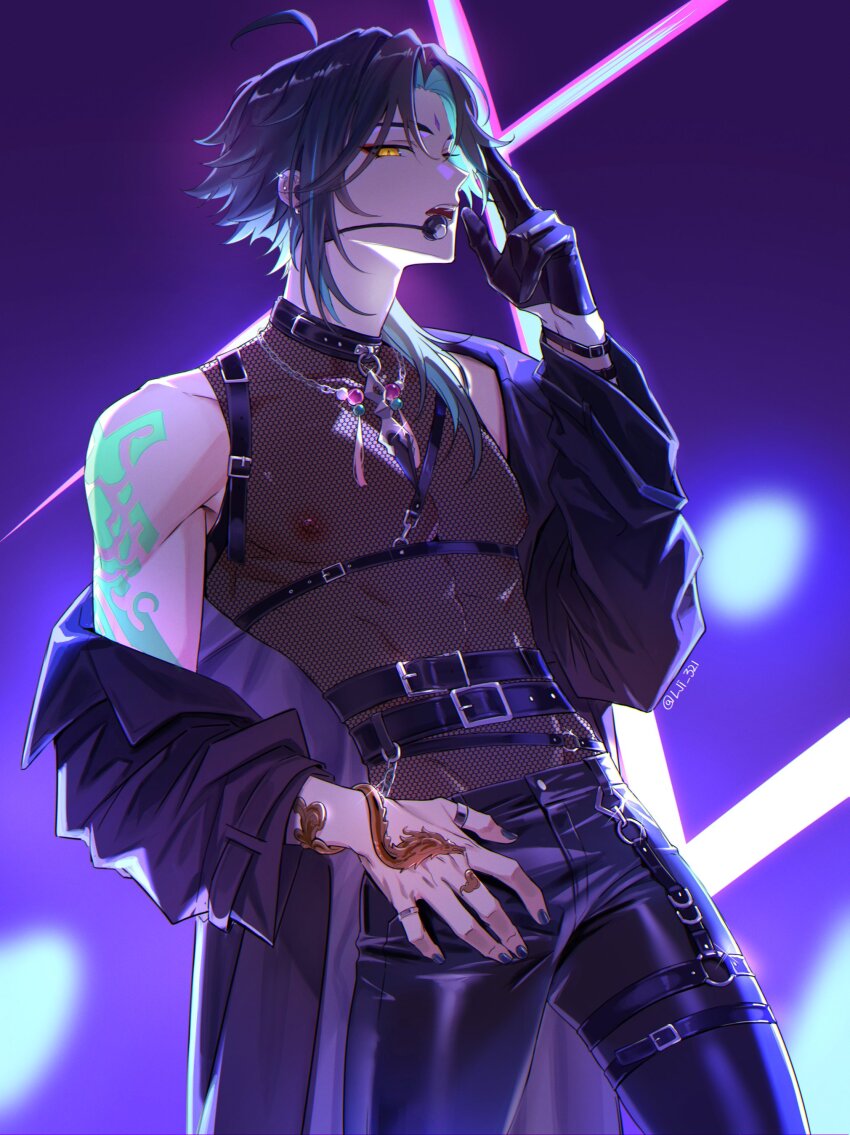 1boy absurdres aqua_hair arm_tattoo belt black_gloves black_hair black_jacket black_nails black_pants facial_mark fishnet_top fishnets forehead_mark genshin_impact gloves headset highres jacket jewelry lji_321 male_focus multicolored_hair muscular muscular_male necklace nipples open_clothes open_jacket open_mouth pants short_hair solo tattoo xiao_(genshin_impact) yellow_eyes