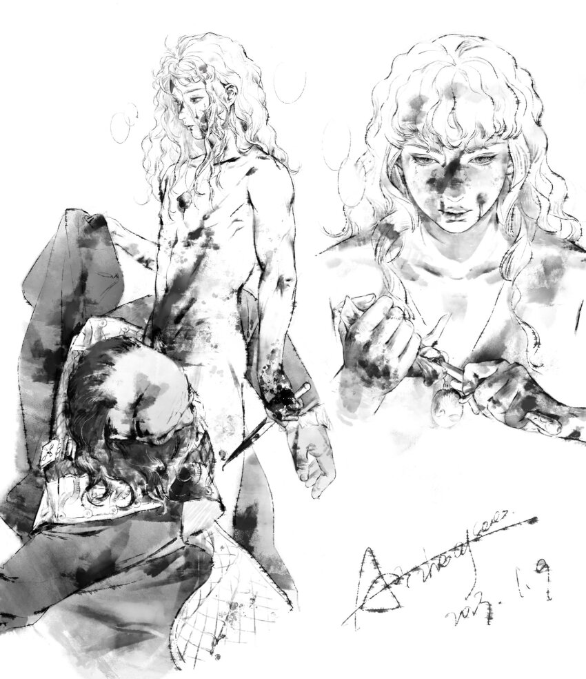 2boys aizheajsee androgynous bald beard behelit berserk blood blood_in_hair blood_on_clothes blood_on_face blood_on_hands bloody_weapon breath cleaning cleaning_weapon clothes_grab coat completely_nude cuts dated expressionless facial_hair greyscale griffith_(berserk) hair_between_eyes highres holding holding_knife injury jewelry knife long_hair long_sleeves looking_ahead male_focus monochrome multiple_boys multiple_views murder necklace nipples nude old old_man pendant signature simple_background standing wavy_hair weapon wiping_blood