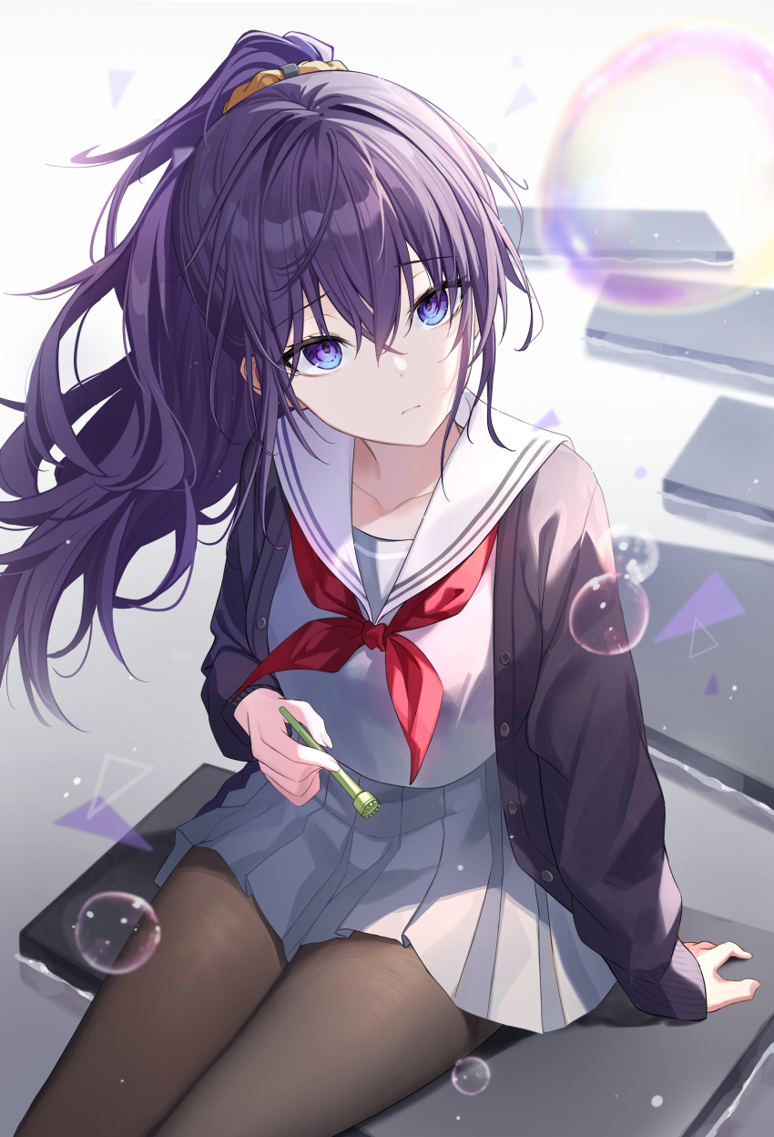1girl absurdres asahina_mafuyu black_cardigan black_pantyhose blue_eyes cardigan closed_mouth cowboy_shot crossed_bangs frown gradient_eyes grey_serafuku grey_shirt grey_skirt hair_between_eyes hair_ornament hair_scrunchie highres long_hair miniskirt miyamasuzaka_girls&#039;_academy_school_uniform multicolored_eyes neckerchief open_cardigan open_clothes pantyhose pleated_skirt ponytail project_sekai purple_eyes purple_hair red_neckerchief sailor_collar school_uniform scrunchie serafuku shirt sidelocks sitting skirt solo timmoo white_sailor_collar