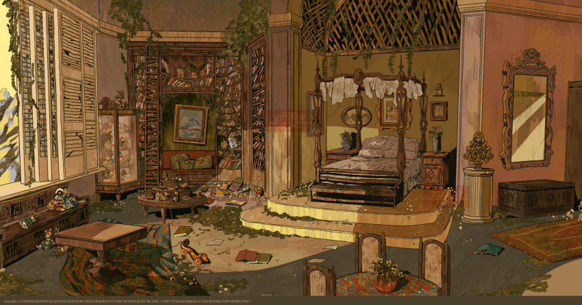 abandoned bed book bookshelf chair commentary commission container desk doll door english_commentary english_text eniddin flower foliage highres indoors ladder lattice messy_room mirror no_humans overgrown painting_(object) paper picture_frame pile_of_books pillow plant potted_plant rug scenery shelf stuffed_toy sunlight table the_moonlight_blade toy vase vines wide_shot window