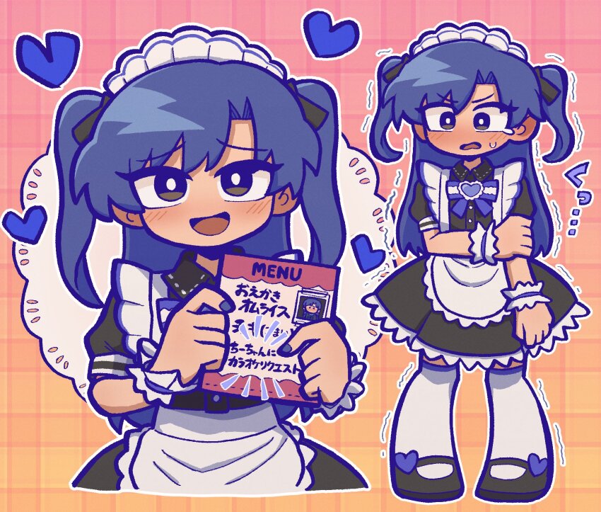 1girl alternate_hairstyle apron blue_hair blue_nails blush brown_eyes cartoonized fis hand_on_own_arm heart highres idolmaster idolmaster_(classic) kisaragi_chihaya long_hair maid maid_apron maid_headdress menu multiple_views nail_polish open_mouth standing sweatdrop toon_(style) twintails