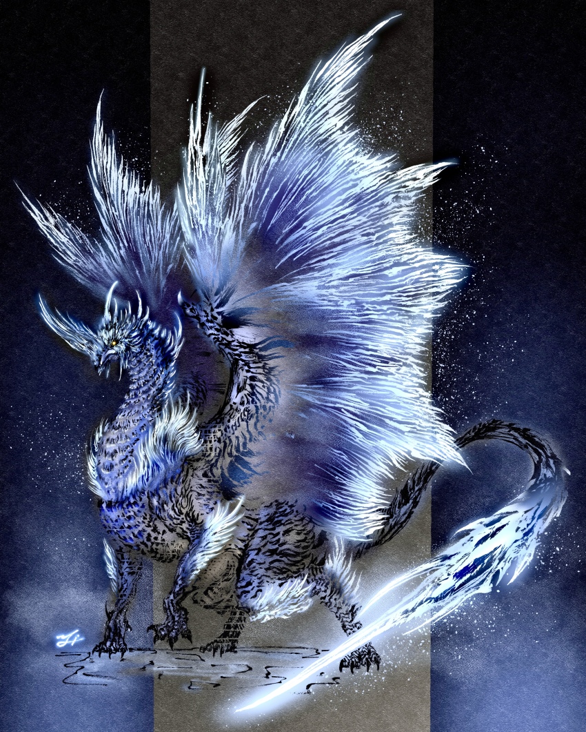 absurdres calligraphy_brush_(medium) claws deadpool_yuchan digitigrade dragon dragon_tail dragon_wings frost full_body highres horns ice monster monster_focus monster_hunter_(series) no_humans scales sharp_tail signature solo spikes tail velkhana western_dragon wings yellow_eyes