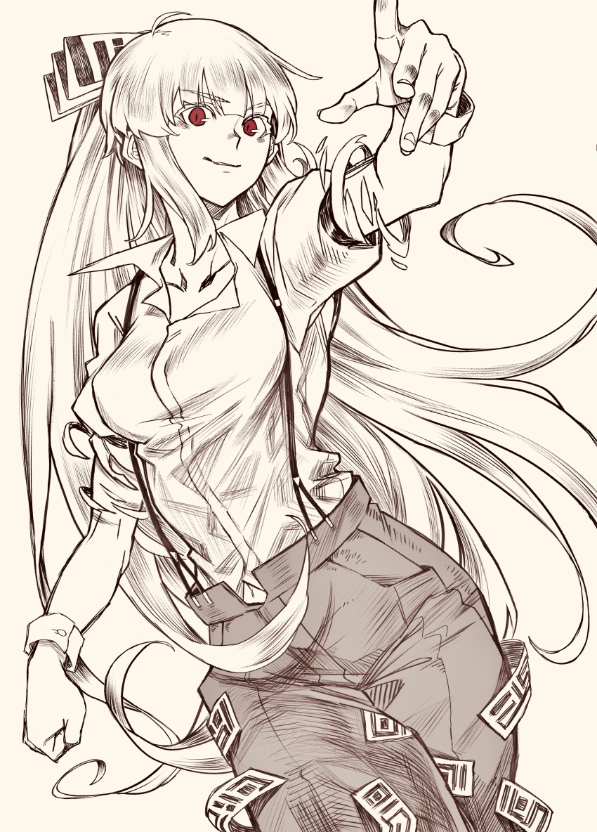 1girl absurdres akino_tsuki bow clenched_hand closed_mouth collarbone collared_shirt commentary_request cowboy_shot fujiwara_no_mokou hair_bow highres long_hair looking_at_viewer monochrome ofuda ofuda_on_clothes pants partial_commentary red_eyes sepia shirt sidelocks simple_background solo spot_color suspenders torn_clothes torn_sleeves touhou very_long_hair wing_collar wrist_cuffs