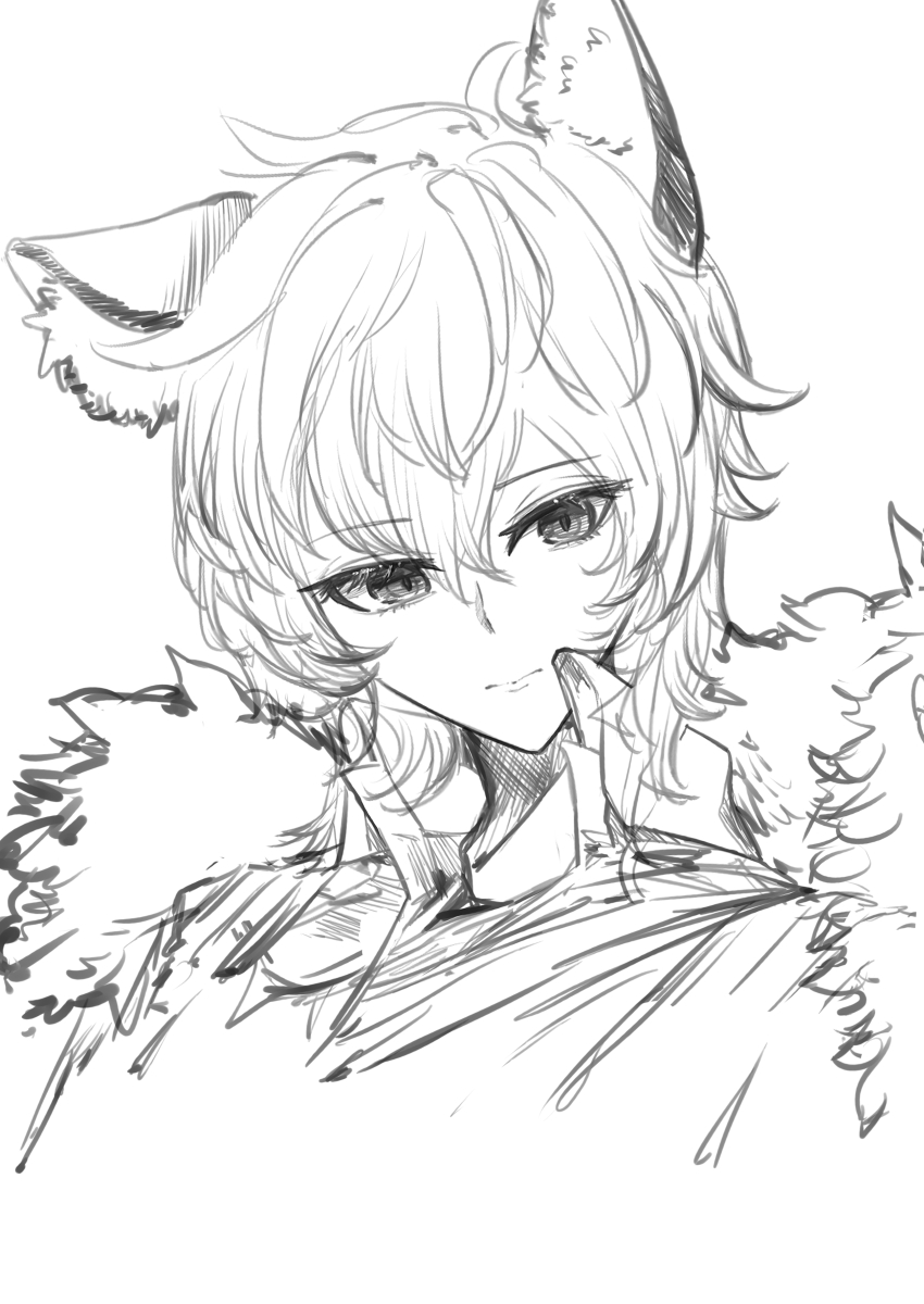 1girl arknights genderswap genderswap_(mtf) kajuu monochrome shirt short_hair silverash_(arknights) simple_background solo twitter white_background
