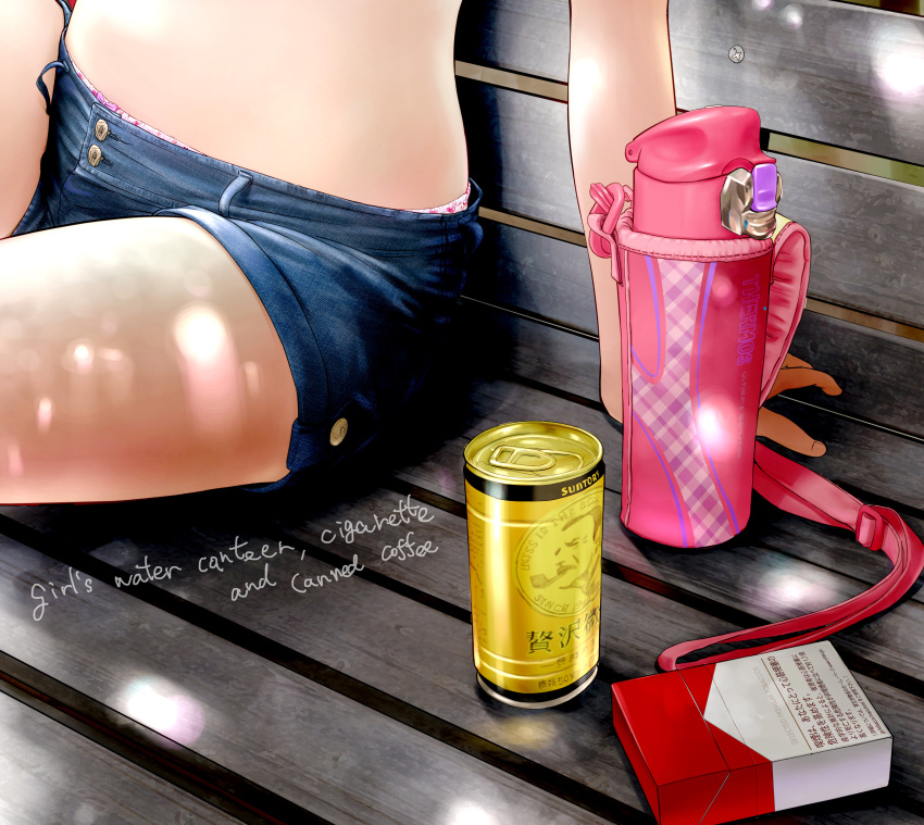 1girl bench beverage_can bow bow_panties denim denim_shorts head_out_of_frame heart heart_panties heart_print loli mayafufu midriff on_bench original outdoors panties panty_peek print_panties short_shorts shorts sitting solo tagme text_focus thighs underwear