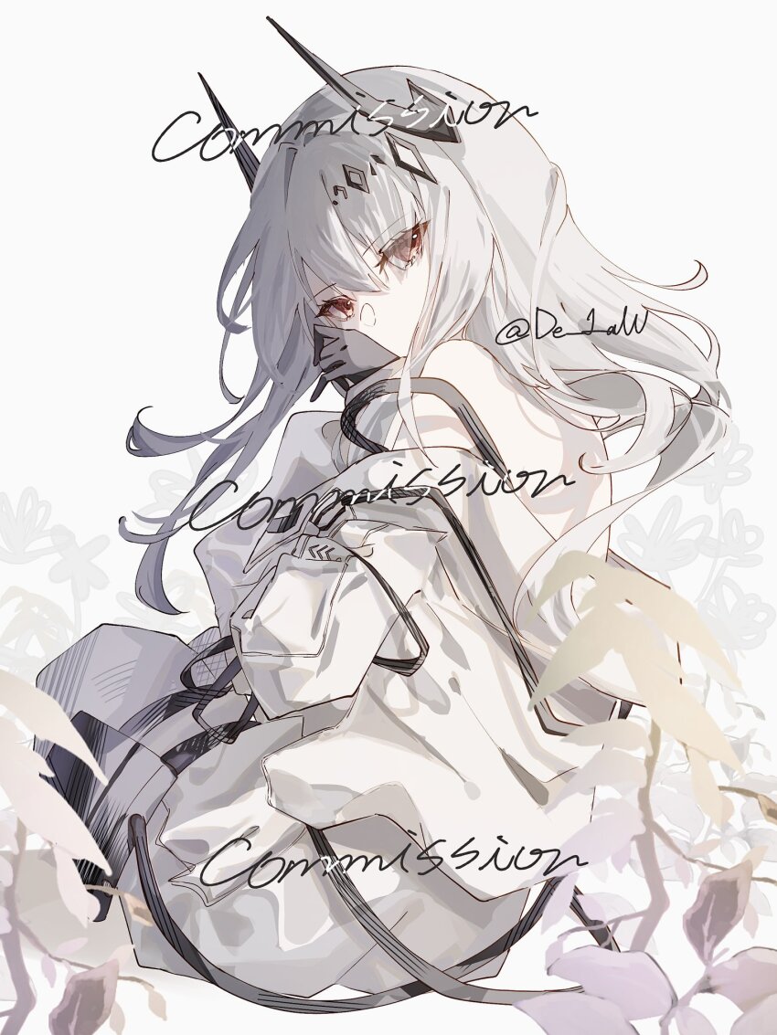 arknights bare_shoulders black_gloves black_horns commission de_1aw english_text gloves hair_between_eyes highres horns long_hair looking_at_viewer looking_back mudrock_(arknights) red_eyes sweater white_hair white_sweater