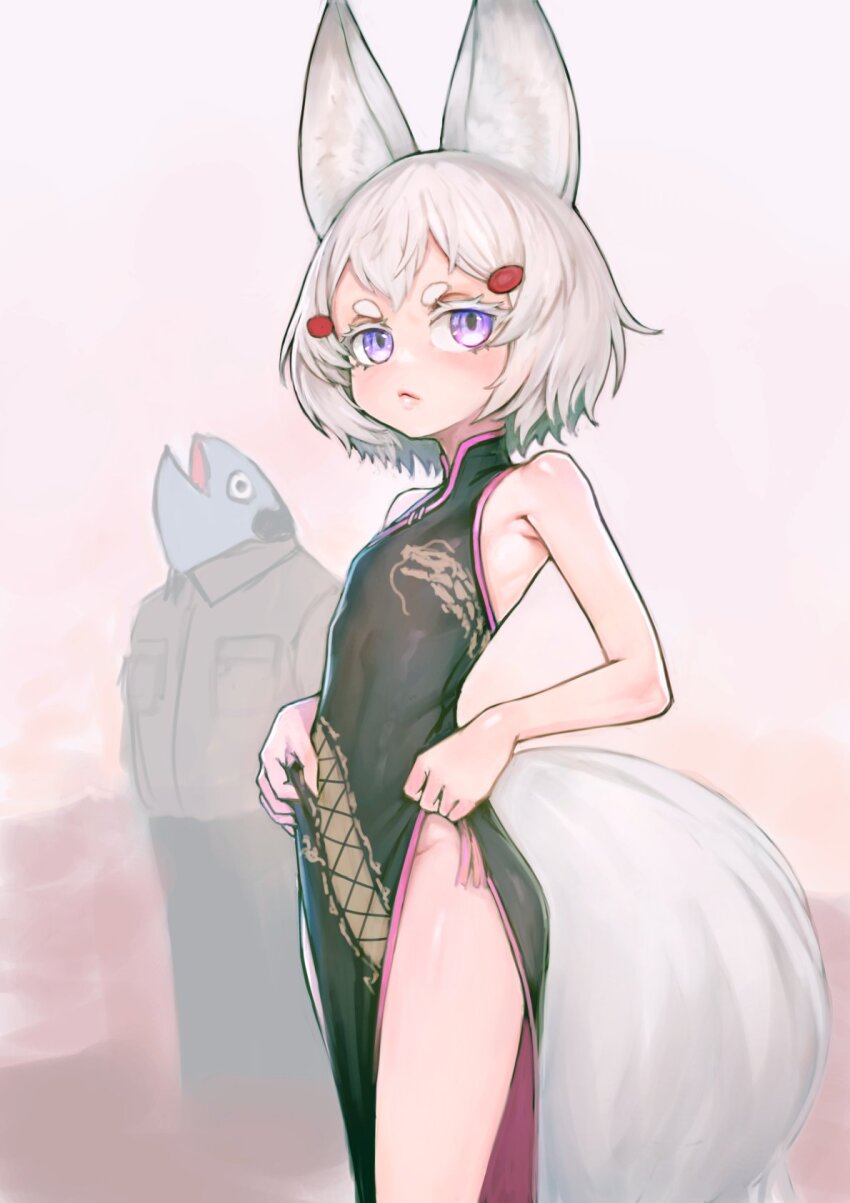 1girl animal_ear_fluff animal_ears armpits bare_arms bare_legs bare_shoulders black_dress breasts china_dress chinese_clothes dragon_print dress fox_ears fox_girl fox_tail h2osakana hair_ornament highres looking_up no_panties pelvic_curtain phase_connect print_dress purple_eyes side_slit small_breasts sussynano tail tenma_maemi thick_eyebrows virtual_youtuber white_hair