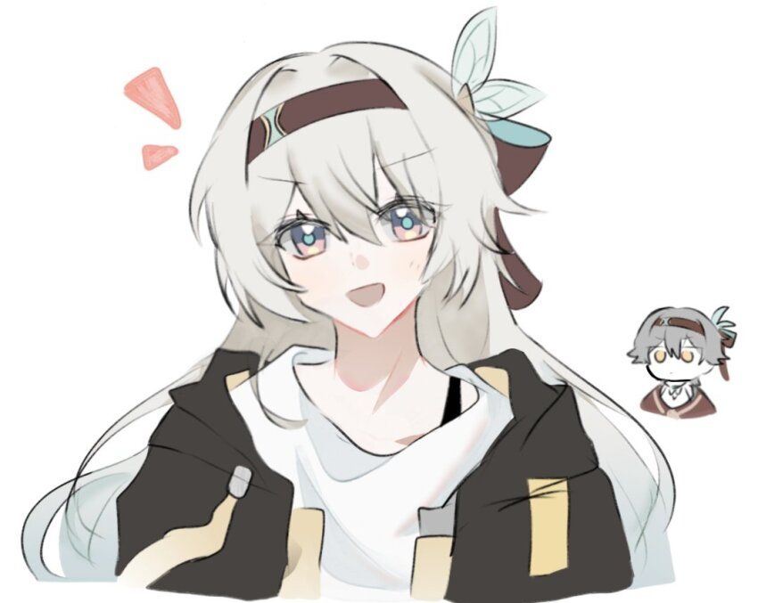 1boy 1girl black_jacket brown_hairband brown_ribbon caelus_(honkai:_star_rail) cosplay costume_switch firefly_(honkai:_star_rail) green_pupils grey_hair hair_between_eyes hair_intakes hair_ornament hair_ribbon hairband honkai:_star_rail honkai_(series) illyo_ill jacket long_hair multicolored_eyes open_clothes open_jacket open_mouth ribbon shirt simple_background smile trailblazer_(honkai:_star_rail) two-tone_eyes white_background white_shirt