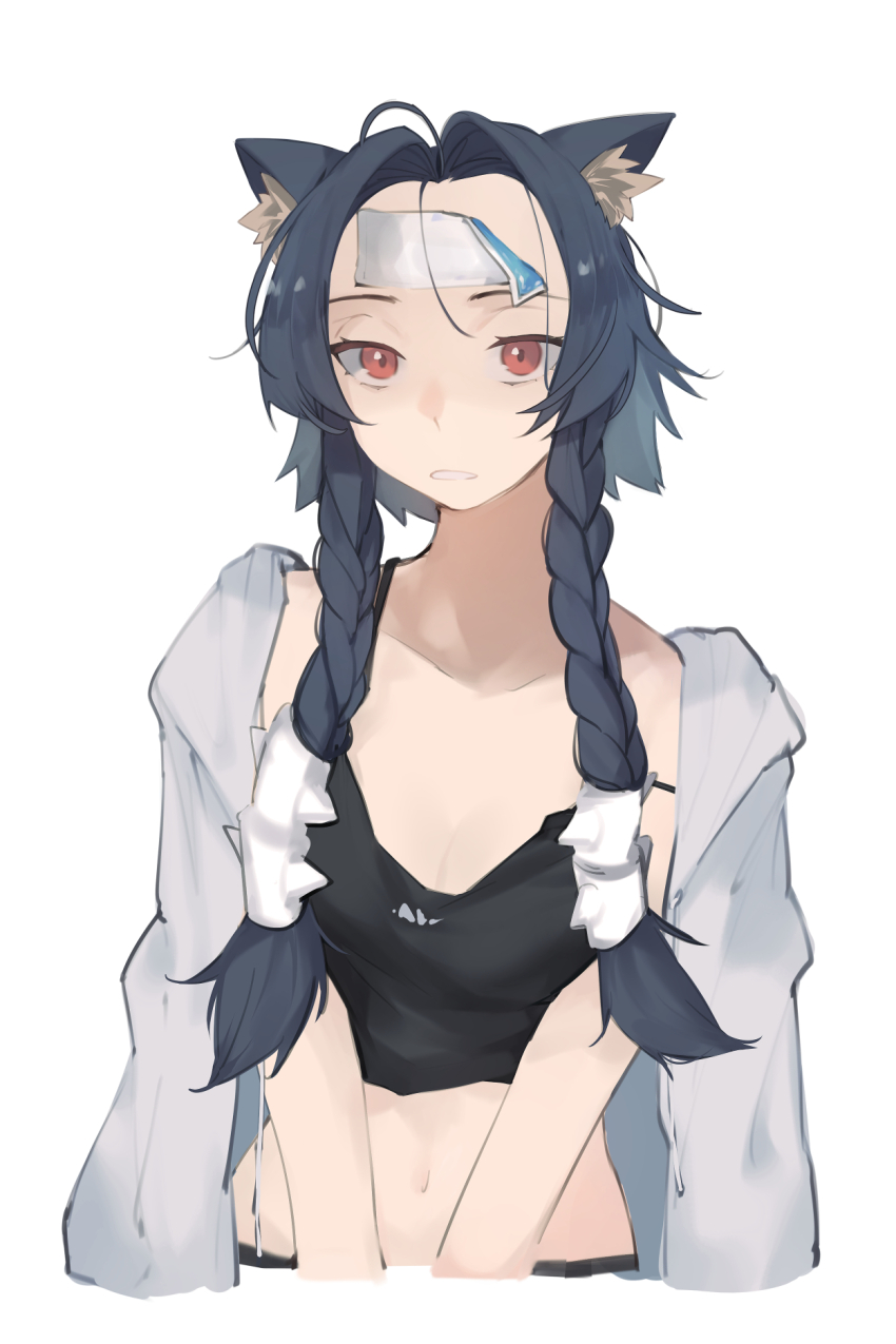 1girl animal_ear_fluff animal_ears black_camisole black_hair braid braided_sidelocks breasts camisole cat_ears cat_girl cleavage cold_pack collarbone commentary_request cropped_shirt cropped_torso curtained_hair grey_jacket hair_tubes highres hood hood_down hooded_jacket jacket jacket_on_shoulders kamatpit looking_at_viewer medium_breasts midriff navel open_clothes open_jacket original parted_bangs parted_lips red_eyes short_hair_with_long_locks sick sidelocks simple_background solo spaghetti_strap strap_slip twin_braids upper_body v_arms white_background