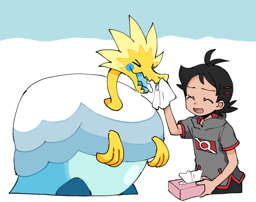 &gt;_&lt; 1boy :d antenna_hair arctozolt black_hair black_pants blue_tongue closed_eyes colored_tongue commentary_request eyelashes gen_8_pokemon goh_(pokemon) grey_shirt hand_up holding male_focus medium_hair nintendo open_mouth pants pokemon pokemon_(anime) pokemon_(creature) pokemon_journeys pokesumomo shirt short_sleeves smile snot tissue tissue_box tongue wiping_nose