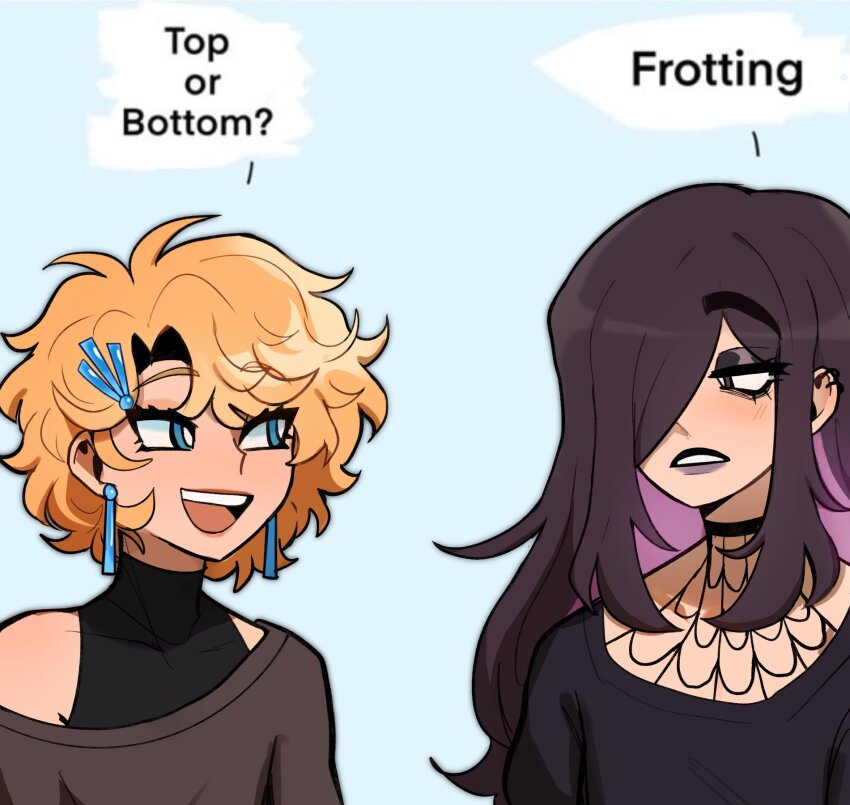 2girls bare_shoulders black_shirt blonde_hair blue_background blue_eyes english_text eyeshadow fishnet_fabric goth_fashion grey_shirt highres implied_yuri looking_at_another looking_to_the_side makeup multicolored_hair multiple_girls off_shoulder open_mouth original purple_eyes purple_hair purple_lips raised_eyebrows shirt short_hair simple_background sky_guy_art sleeveless sleeveless_shirt teeth two-tone_hair upper_body upper_teeth_only