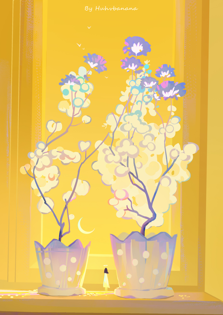 1girl absurdres artist_name black_hair crescent_moon dress flower flower_pot from_behind highres huhv. long_hair moon original plant potted_plant purple_flower shadow solo standing vase white_dress white_flower wide_shot window yellow_background yellow_theme