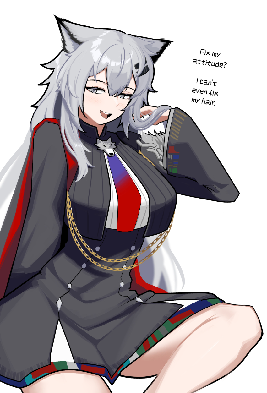 1girl absurdres aiguillette arknights black_jacket black_skirt bolo_tie cape commentary crop_top cropped_jacket english_commentary english_text grey_eyes grey_hair hair_between_eyes hair_lift hair_ornament hairclip hand_in_own_hair high-waist_skirt highres jacket lappland_(arknights) lappland_the_decadenza_(arknights) long_hair long_sleeves looking_at_viewer meme open_mouth red_cape simple_background sitting skirt smile solo tofudofu white_background