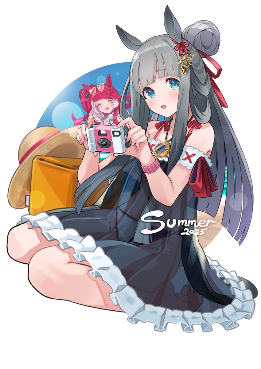 2025 2girls absurdres alternate_costume animal_ears bikini blue_eyes blush breasts camera chrono_genesis_(umamusume) collarbone commentary_request full_body grey_hair hair_between_eyes hair_bun hair_ornament hat highres horse_ears horse_girl horse_tail jewelry looking_at_viewer loves_only_you_(umamusume) multiple_girls necklace one_eye_closed open_mouth red_hair seiza sitting small_breasts swimsuit tail umamusume white_background yokoji_(kodai2015)