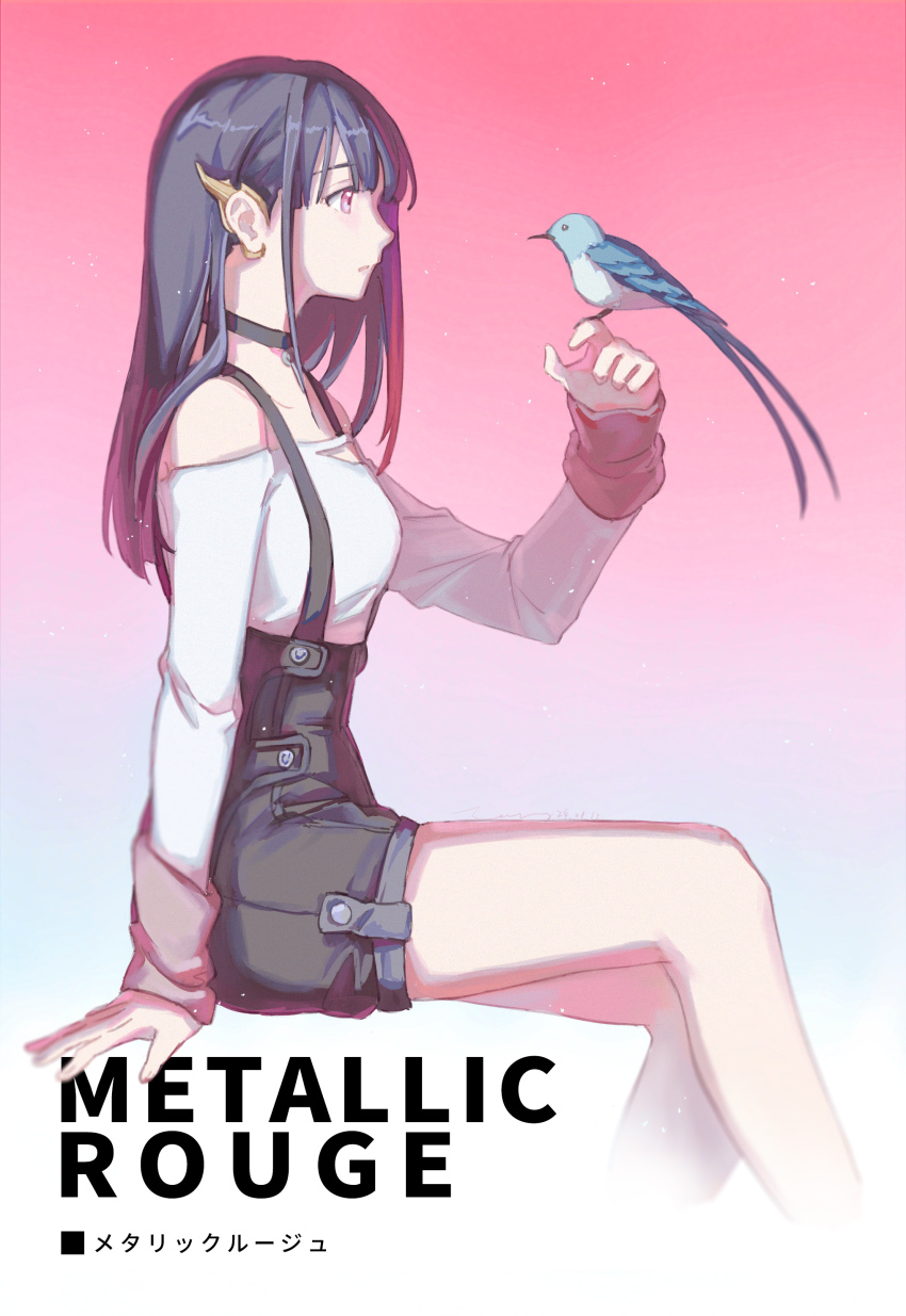 1girl absurdres animal_request bird bird_on_hand black_choker black_hair black_shorts blunt_bangs cemony choker ear_ornament gradient_background highres light_particles long_hair looking_at_animal metallic_rouge multicolored_hair off-shoulder_shirt off_shoulder pendant_choker pink_background pink_eyes pink_hair rouge_redstar shirt shorts sitting streaked_hair