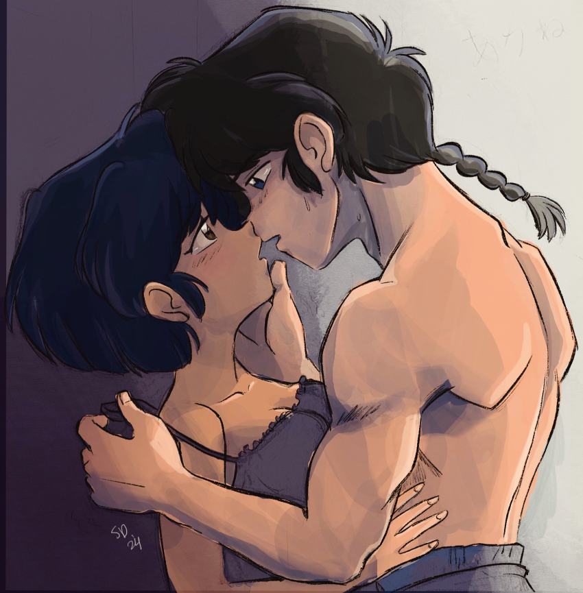 1boy 1girl back black_hair blue_hair braid braided_ponytail breasts dated highres open_mouth ranma_1/2 sakana.dreams saotome_ranma tendou_akane underwear undressing undressing_another