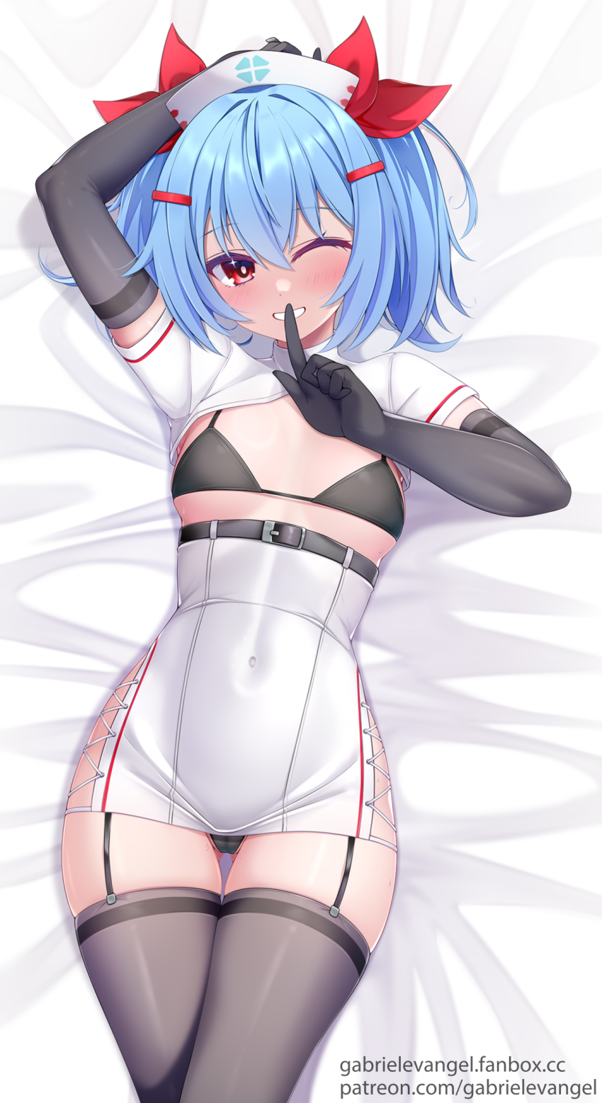 1girl ;d arm_behind_head armpits bare_shoulders black_bra black_gloves black_panties blue_hair blush bra breasts colphne_(girls&#039;_frontline_2) covered_navel elbow_gloves finger_to_mouth gabriel_evangel girls&#039;_frontline girls&#039;_frontline_2:_exilium gloves grin hair_ornament hairclip hand_up hat highres hip_focus looking_at_viewer lying medium_hair nurse_cap on_back one_eye_closed open_mouth panties red_eyes shushing skin_tight skindentation small_breasts smile solo thigh_gap thighhighs thighs twintails underwear