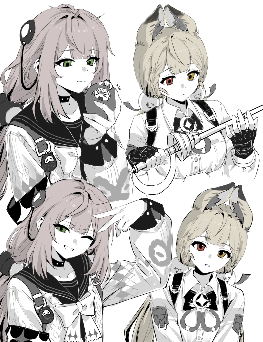 2girls absurdres alice_thymefield animal_ear_fluff animal_ears black_gloves black_sailor_collar blonde_hair braid braided_twintails cardigan chest_bow chinese_commentary closed_mouth commentary_request fingerless_gloves flying_sweatdrops food foodification fruit gloves green_eyes hair_ornament hearing_aid heterochromia highres holding holding_food holding_fruit holding_sword holding_weapon long_hair looking_at_object low_twintails monochrome multiple_girls multiple_views one_eye_closed parted_lips pink_cardigan rabbit_ears rabbit_girl red_eyes red_hair sailor_collar simple_background sphere_hair_ornament sword twintails ukinami_yuzuha upper_body v v_over_head weapon white_background yellow_eyes zenless_zone_zero zx277x