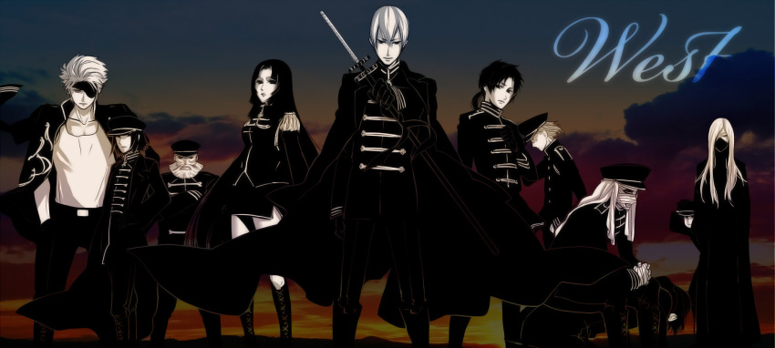 1girl 6+boys black_hair chousokabe_motochika_(sengoku_basara) everyone full_body highres holding holding_behind_back ishida_mitsunari_(sengoku_basara) kobayakawa_hideaki long_sleeves looking_at_viewer monochrome mouri_motonari multiple_boys oichi oichi_(sengoku_basara) otani_yoshitsugu sanada_yukimura_(sengoku_basara) sarutobi_sasuke sarutobi_sasuke_(sengoku_basara) sengoku_basara shimazu_yoshihiro silver_hair smoke standing striped sword tenkai_(sengoku_basara) text_focus uniform weapon yoimosezu
