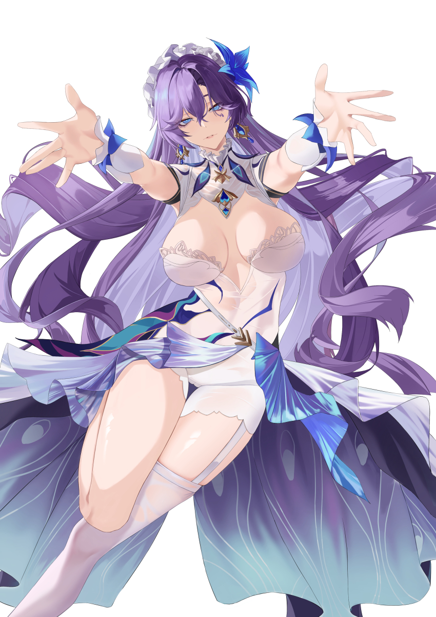 1girl absurdres blue_eyes blue_flower breasts breasts_apart cantarella_(wuthering_waves) chinese_commentary cleavage commentary_request dress earrings facial_mark flower garter_straps hair_between_eyes hair_flower hair_ornament highres jewelry large_breasts leien-l long_hair looking_at_viewer maid_headdress mark_under_eye outstretched_arms parted_lips purple_hair shorts shrug_(clothing) simple_background single_thighhigh solo thighhighs very_long_hair wet wet_clothes white_background white_dress white_garter_straps white_shorts white_shrug white_thighhighs wuthering_waves